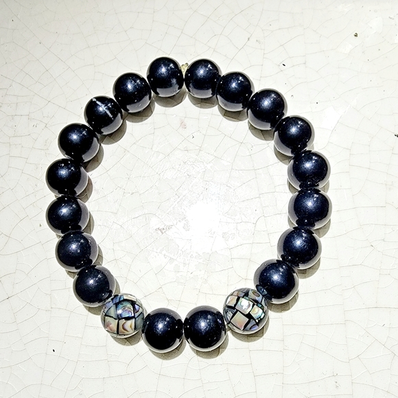 Onyx and marcasite stretch beaded bracelet - Picture 2 of 4